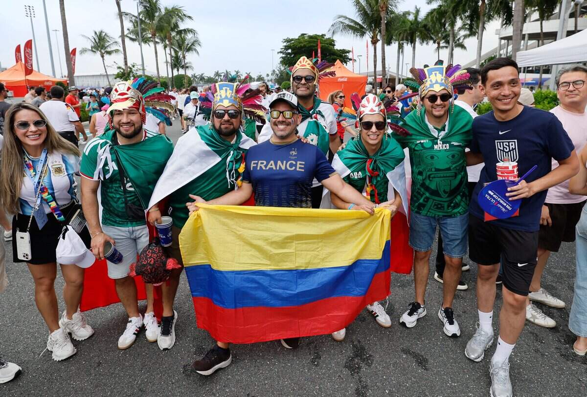 An amalgamation of fans gather before the start of FIFA World Cup 2026 third-place soccer match at Hard Rock Stadium (Miami Stadium) on Saturday, July 18, 2026 in Miami Gardens, Fla.
