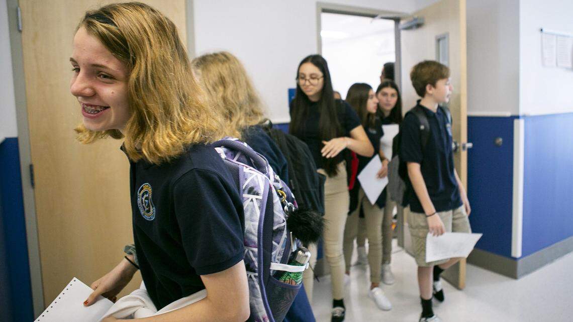 Students change classes on the first day of school at Don Soffer Aventura High School in Aventura, Florida, on Monday, August 19, 2019.