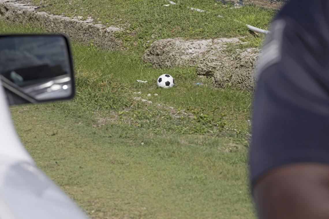 Soccer ball that was kicked over the fence by unaccompanied undocumented children at the Homestead Temporary Shelter for Unaccompanied Children on Monday, June 18, 2018.