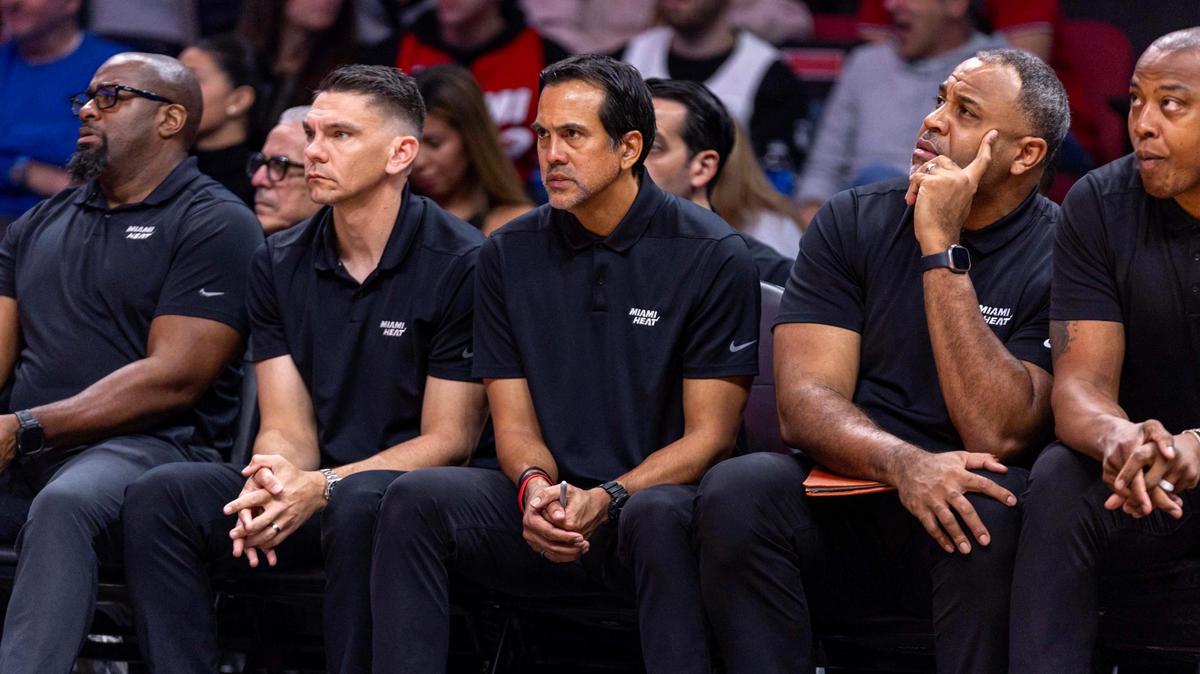 Miami Heat coaching staff react on the bench during the second half of an NBA game against the Utah Jazz at Kaseya Center on January 4, 2025, in Miami.