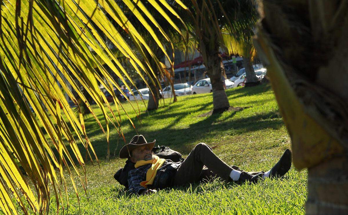 Jose Montesino, a homeless man living in Miami Beach, takes a nap in Lummus Park. The city plans to use money collected from short-term rental fines to fund homeless and domestic violence services.