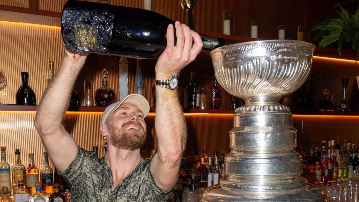 MIAMI, FLORIDA - JUNE 19: Sam Bennett of the Florida Panthers is seen celebrating their 2025 Stanley Cup win at Maple & Ash on June 19, 2025 in Miami, Florida. (Photo by Alexander Tamargo/Getty Images for Maple Hospitality Group)