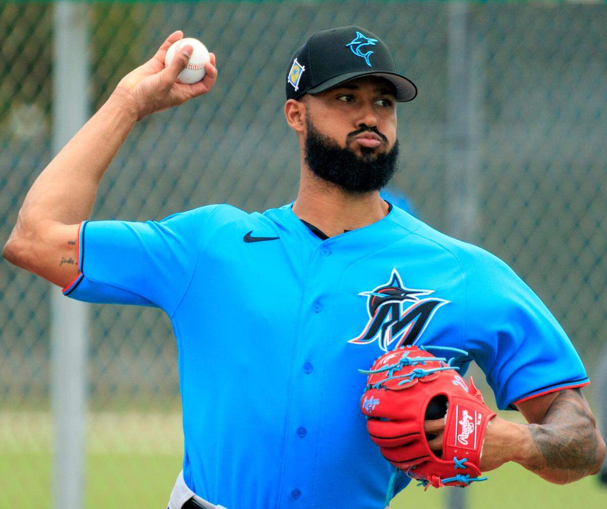 Miami Marlins pitcher Sandy Alcantara throws during their spring training workout at Roger Dean Stadium on Tuesday, March 15, 2022 in Jupiter, FL.