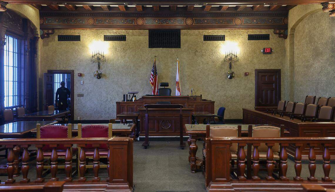 Courtroom 6-1 is one of the historic spaces repaired as part of restoration of the old courthouse in Miami, Florida, on Wednesday, January 14, 2026. The Dade County Courthouse is significant as an excellent example of Neo-Classical architecture. The detailing of the remaining historic interior spaces and features continue to reflect this distinctive style and contributes to a more complete understanding of the historic character of the Courthouse.