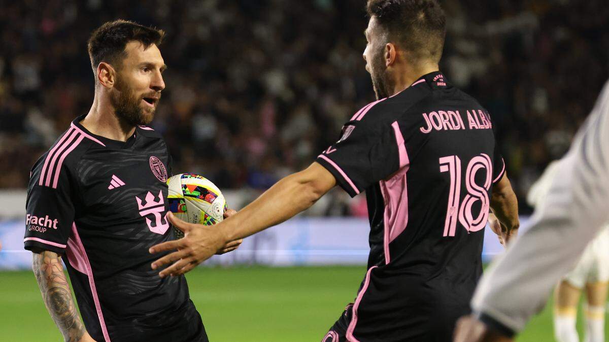 Feb 25, 2024; Carson, California, USA; Inter Miami CF forward Lionel Messi (10) celebrates a goal with defender Jordi Alba (18) against the LA Galaxy during the second half at Dignity Health Sports Park. Mandatory Credit: Kiyoshi Mio-USA TODAY Sports