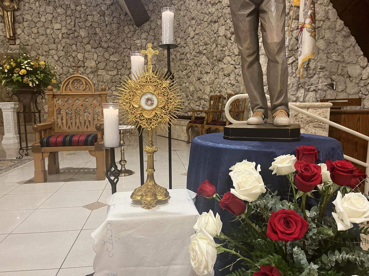 A relic of Saint Carlo Acutis, the first saint from the Millennial generation, is displayed at St. David Catholic Parish in Davie ahead of Sunday mass.