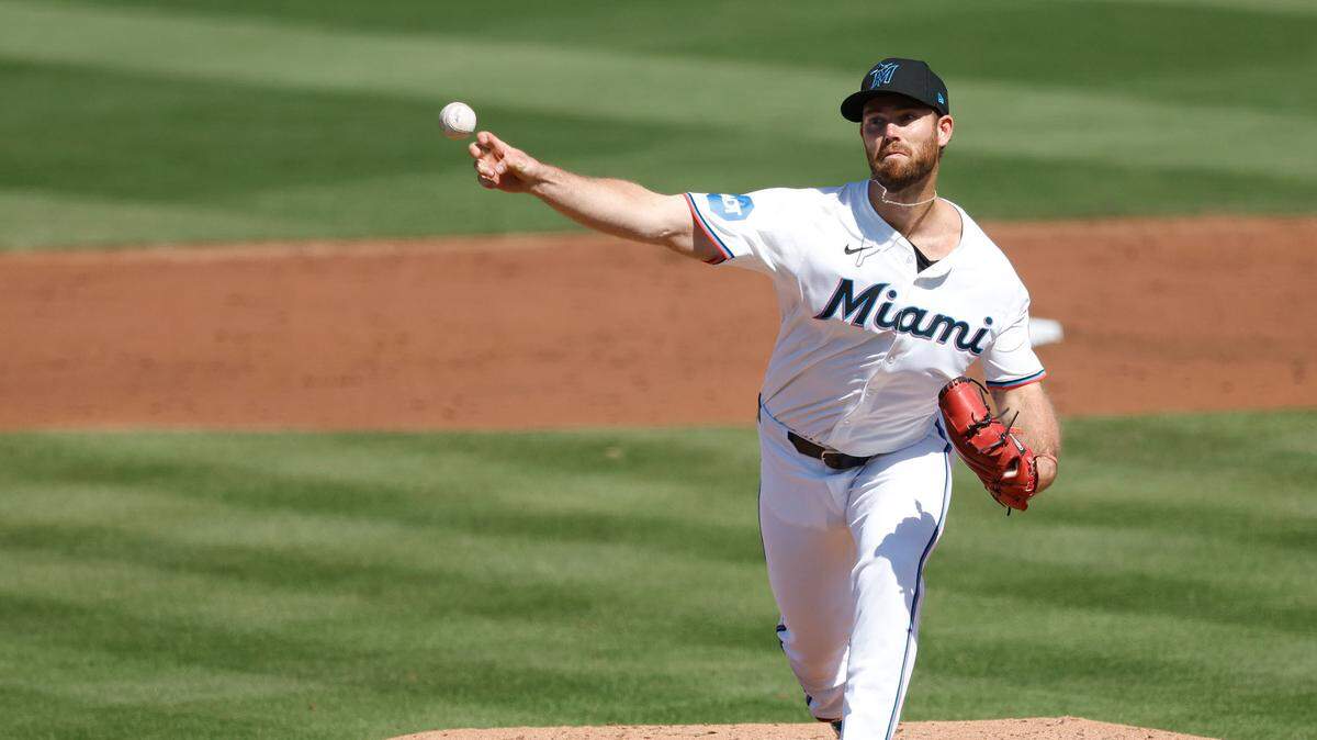 Feb 25, 2024; Jupiter, Florida, USA; Miami Marlins relief pitcher Anthony Bender (37) throws against the Washington Nationals during the third inning at Roger Dean Chevrolet Stadium.