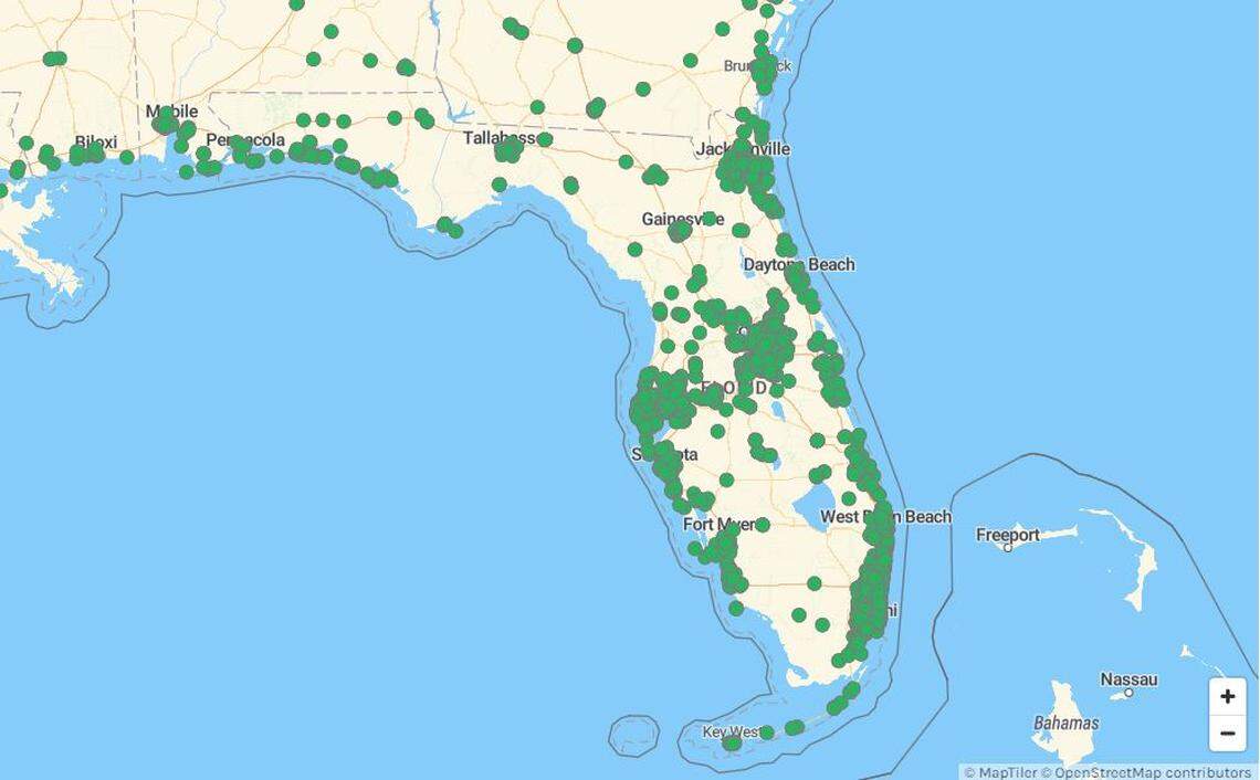 This Alternative Fueling Station Locator map from the U.S. Department of Energy shows the locations of charging stations for electric vehicles across Florida.
