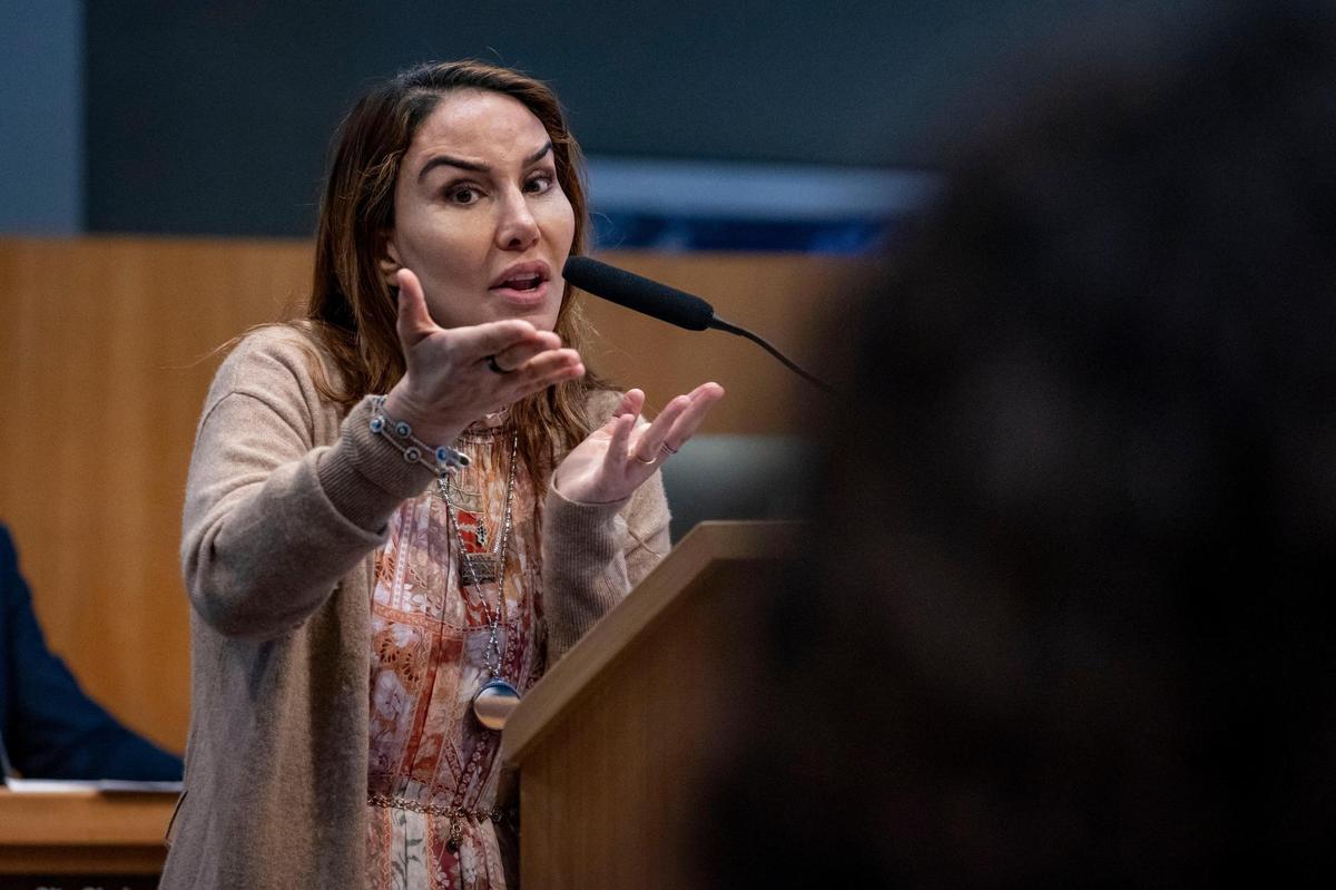 Leila Centner addresses iPrep supporters directly during the public speaking portion of a Miami City Commission meeting on March 14, 2024.