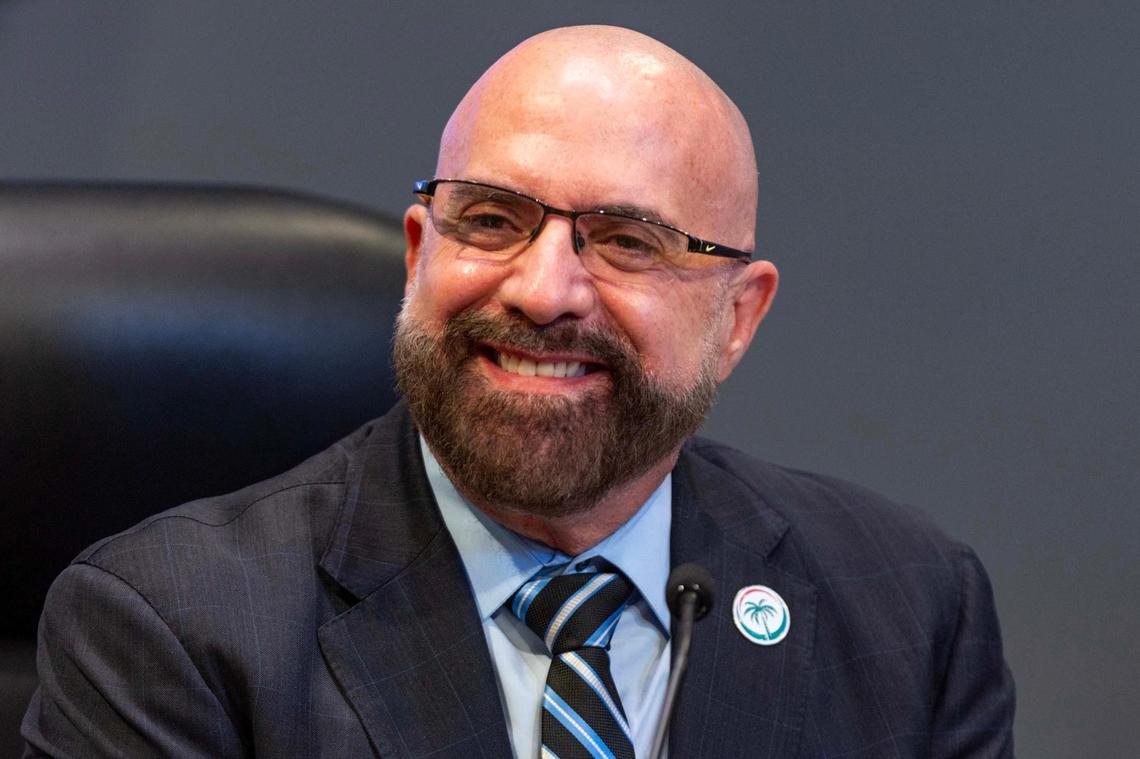 Commissioner Damian Pardo reacts during a City Commission meeting on Tuesday, June 17, 2025, in Miami.