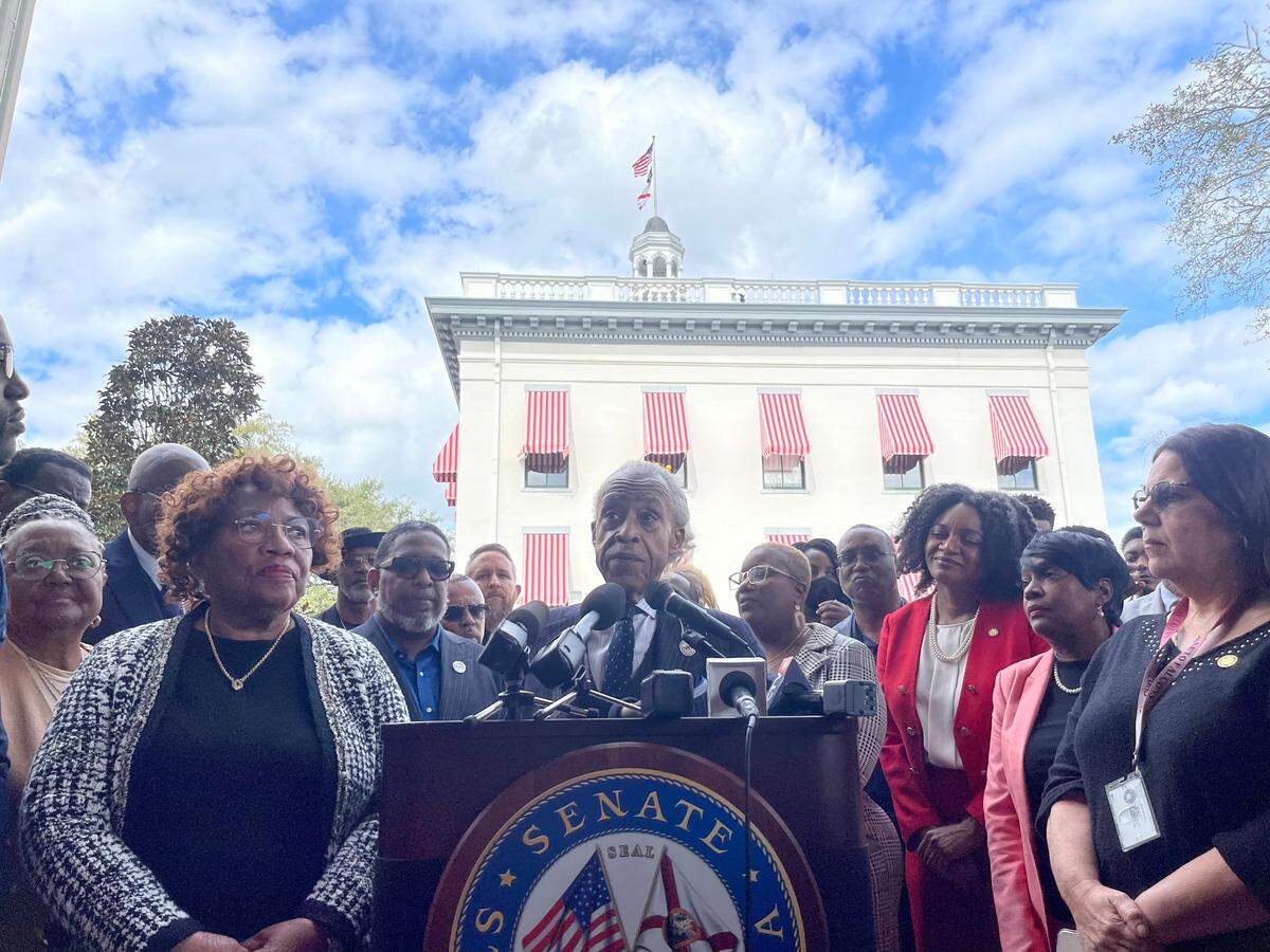 The Rev. Al Sharpton addresses a crowd of several hundred people outside the historic Capitol in Tallahassee, Florida, on Wednesday, Feb. 15, 2023.