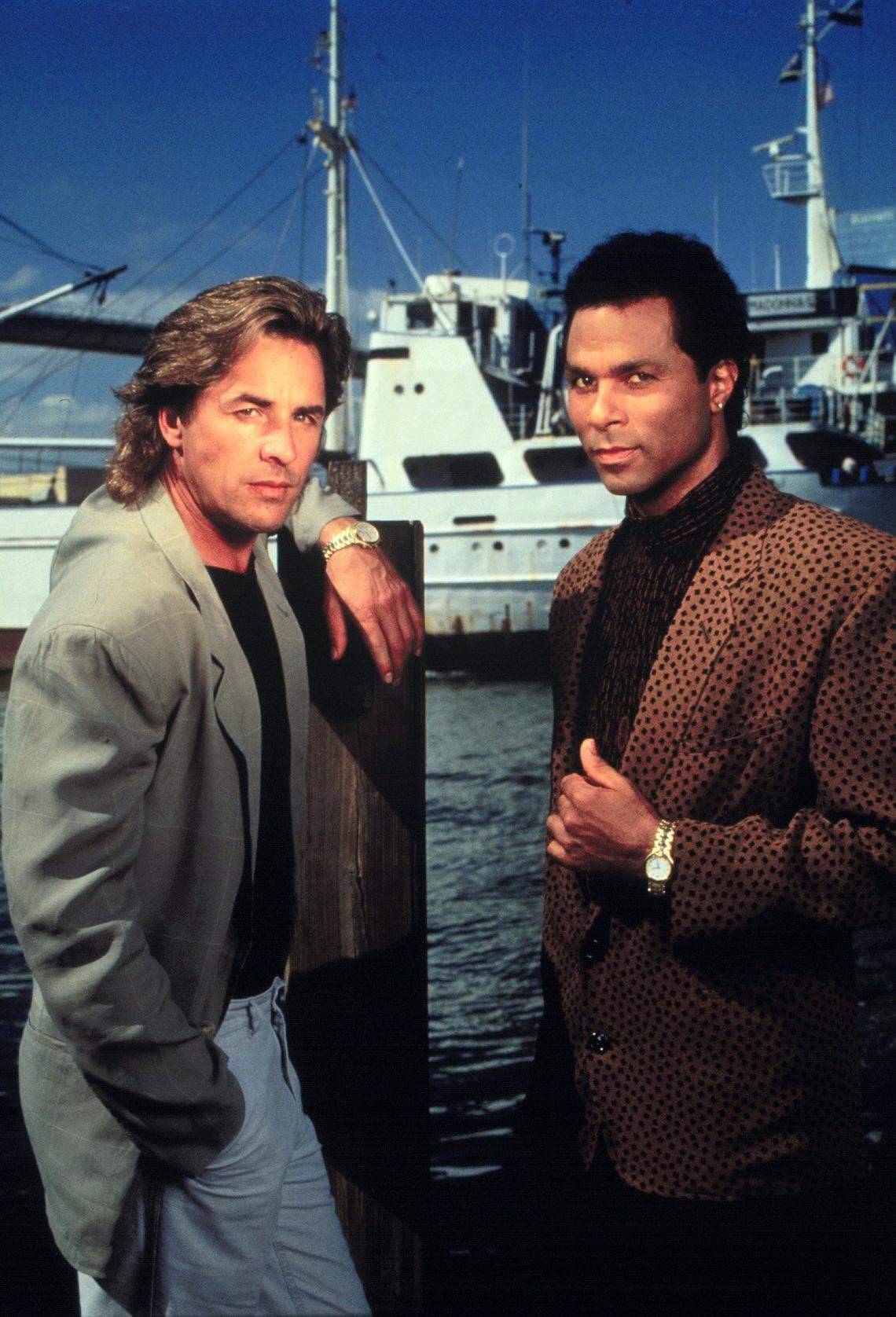 Don Johnson, left, seen here with acting partner Philip Michael Thomas, walked around the boat as Crockett for five seasons on the NBC series that premiered on Friday nights in 1984