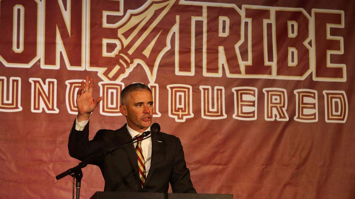 Florida State head football coach Mike Norvell speaks at a press conference Sunday, Dec. 8, 2019, in Tallahassee, Fla. Norvell is Florida State’s new coach, taking over a Seminoles program that has struggled while he was helping to build Memphis into a Group of Five power.