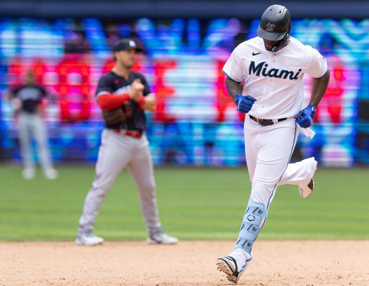 Miami Marlins left fielder Jorge Soler (12) rounds the bases after hitting a home run against the Minnesota Twins during the eighth inning of an MLB game at loanDepot park on Wednesday, April 5, 2023, in Miami, Fla.