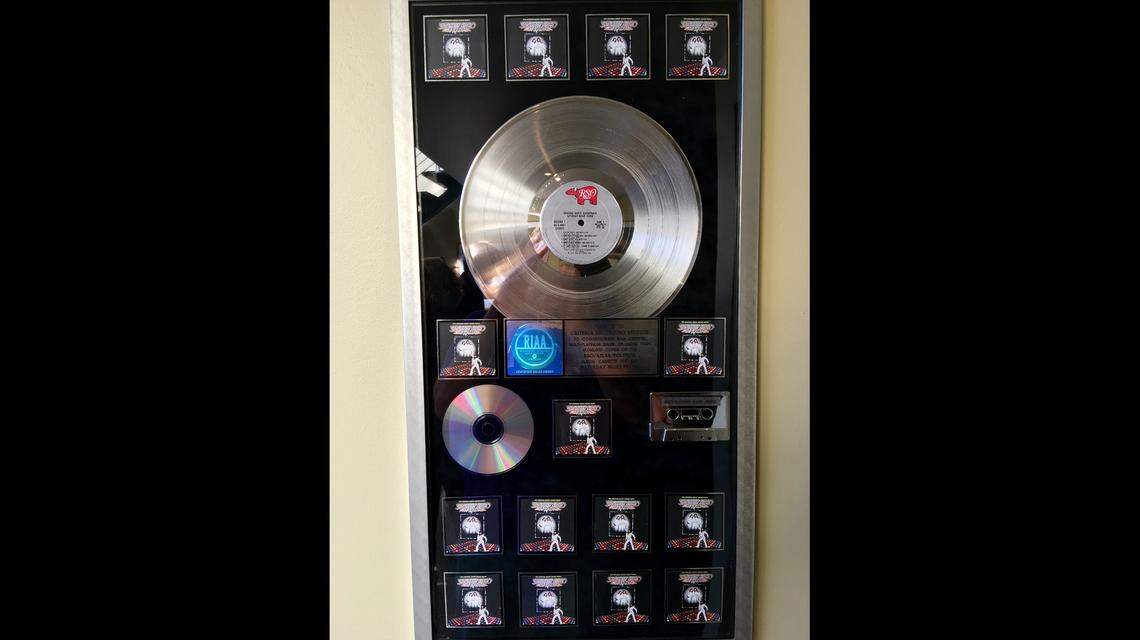 A platinum album plaque, honoring multimillion sales for the 1977 “Saturday Night Fever” soundtrack is hung on the walls of Criteria Studios, as seen here in 2016. The Bee Gees’ songs that were used in the film were mixed and recorded at the North Miami landmark.