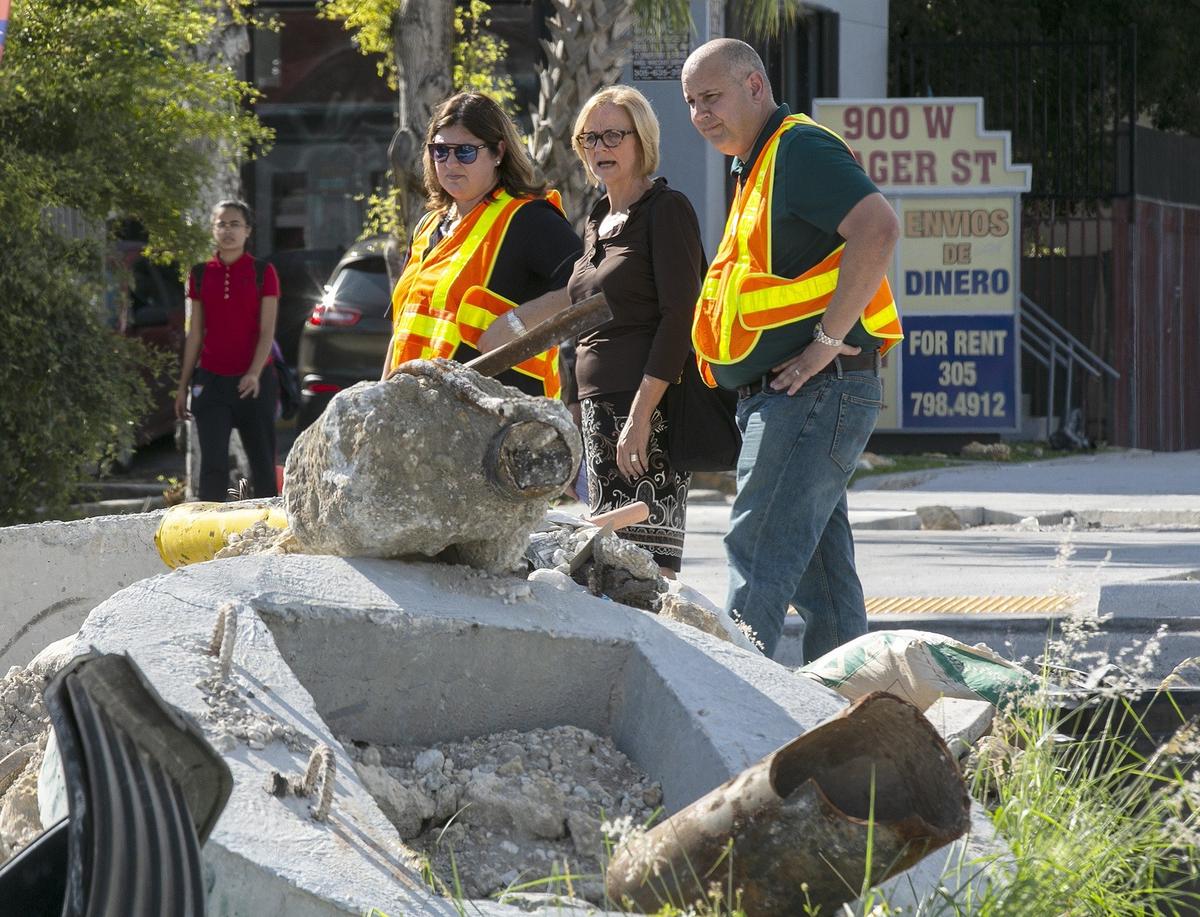 Miami-Dade Commissioner Eileen Higgins declares herself not too happy with the construction mess as she tours Flagler Street with state officials on Tuesday, Nov. 20, 2018.