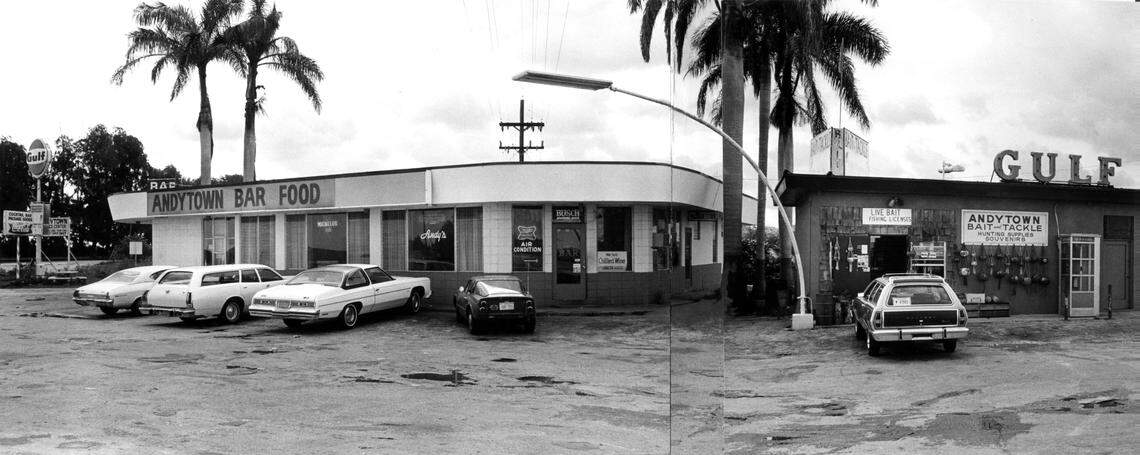 Seen in 1978, Andytown, the bar, bait-and-tackle and gas station at the intersection of State Road 84 and U.S. 27 and razed for construction of I-75. Sign claims it has been in business "since 1947." This panoramic photo was created by the photographer piecing together several prints. It includes a Mercury Bobcat station wagon and a Saab Sonnett sports car.