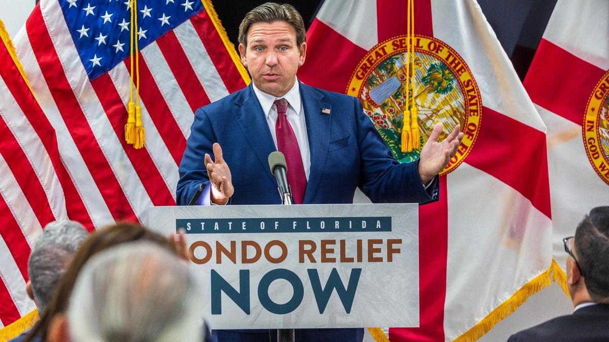 Florida Governor Ron DeSantis talks about the Condo crisis in Florida and legislations presented by Representative Ileana Garcia during a press conference in the City of Sweetwater, on Wednesday February 05, 2025.
