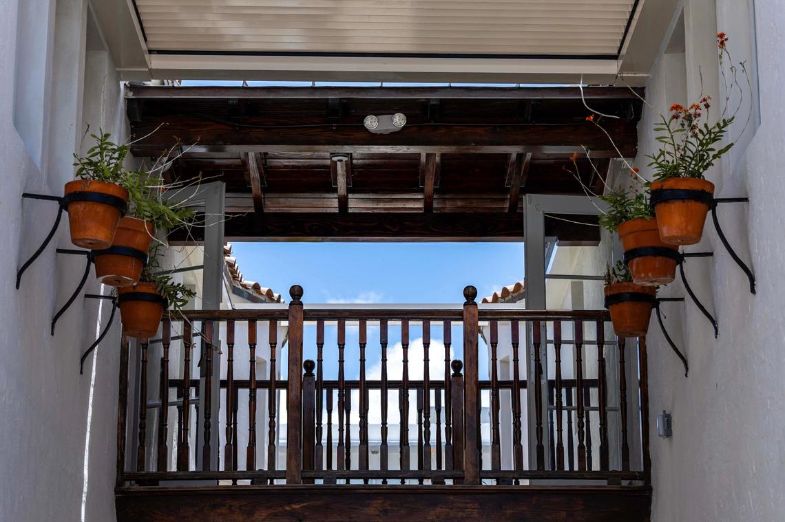 A wooden bridge connecting hotel rooms Donatella on Thursday, May 1, 2025, in Miami Beach, Fla.