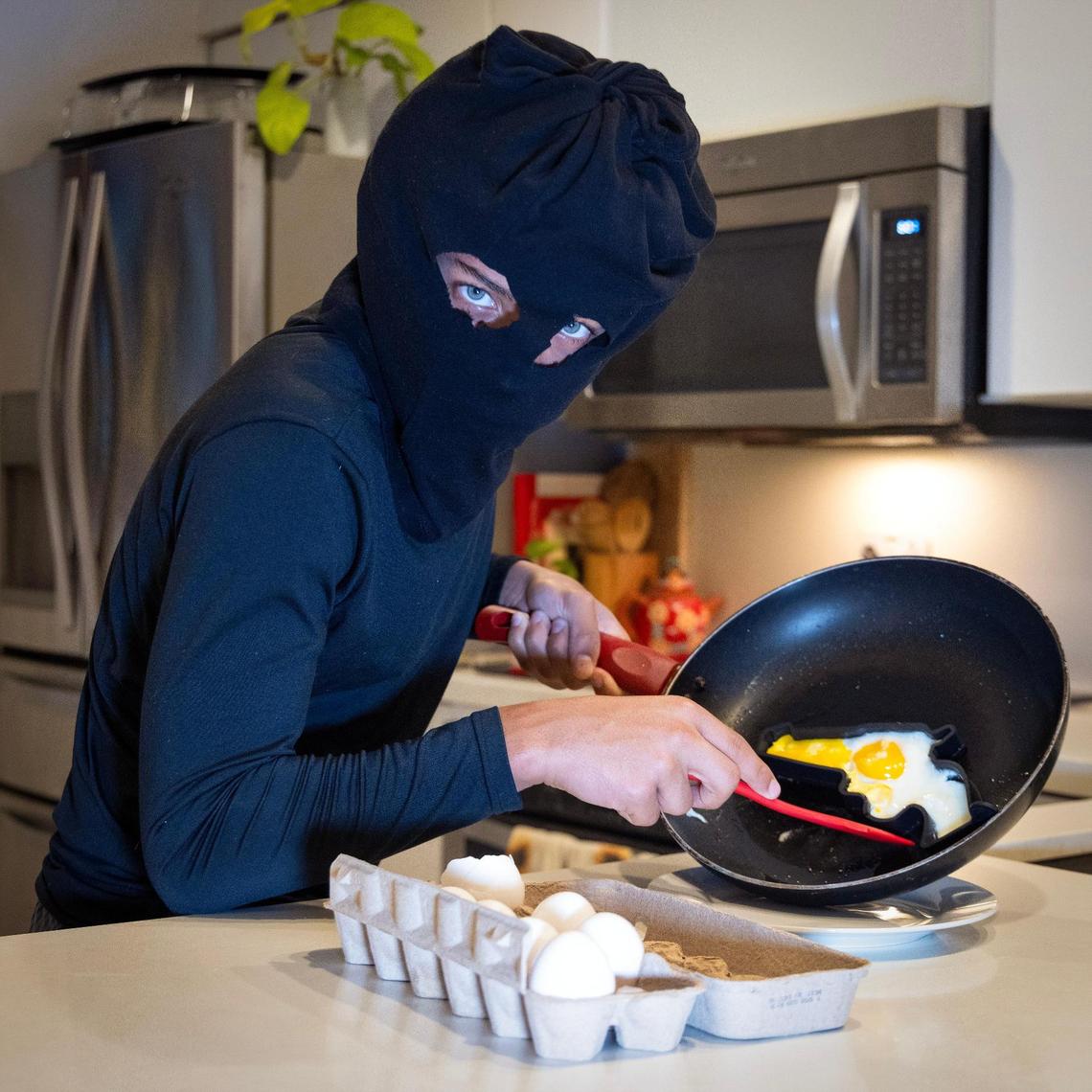 Our model Miles Vladimir Juste dares you to try and take his pistol-shaped egg.