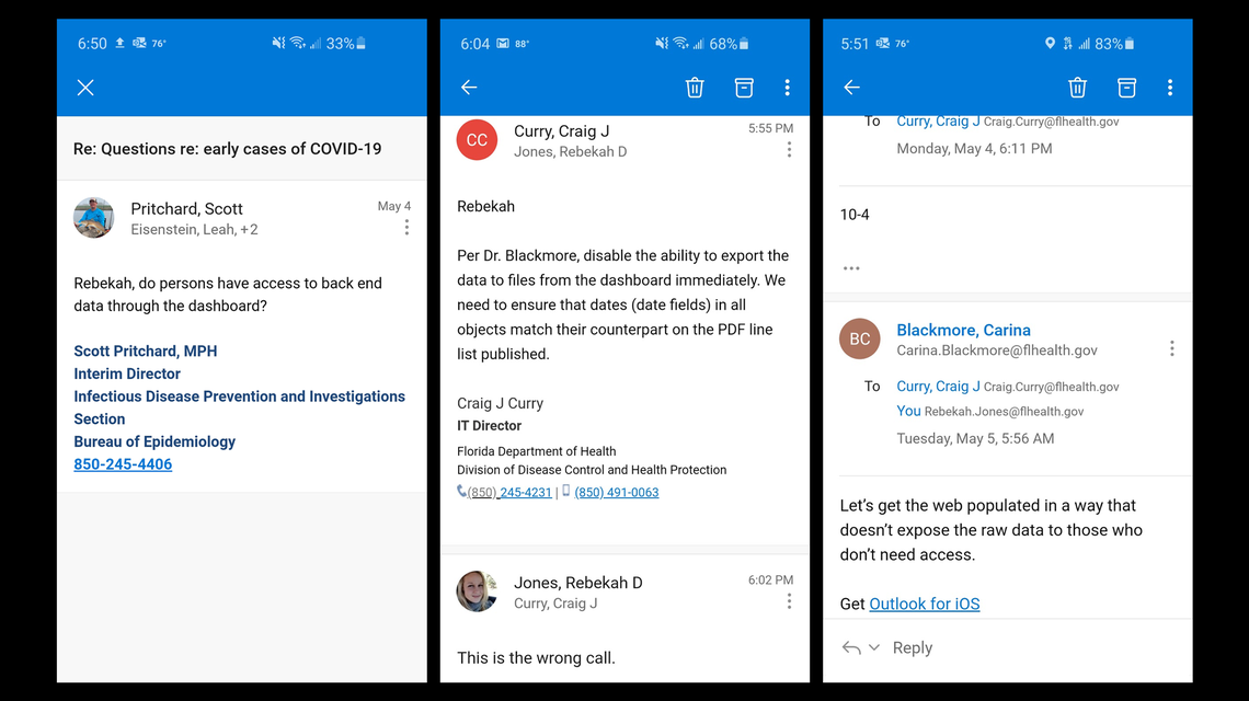 A May 4, 2020, email from the Miami Herald–subject line: Questions re: early cases of COVID-19 sparked a series of emails inside the Florida Department of Health, including those pictured, during which Rebekah Jones was told to ‘take down’ the data behind the Herald’s questions.