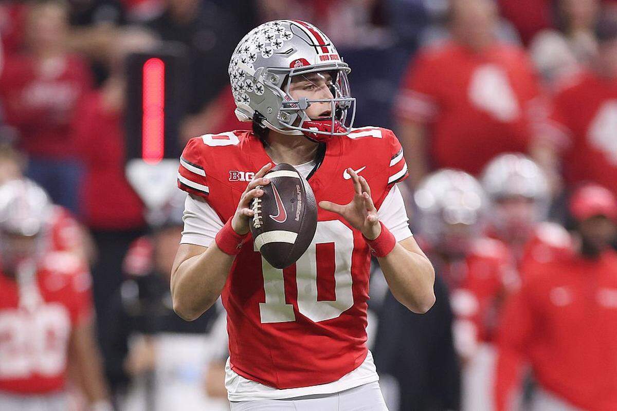 INDIANAPOLIS, INDIANA - DECEMBER 06: Julian Sayin #10 of the Ohio State Buckeyes looks to pass against the Indiana Hoosiers in the 2025 Big Ten Football Championship at Lucas Oil Stadium on December 06, 2025 in Indianapolis, Indiana.  (Photo by Michael Reaves/Getty Images)