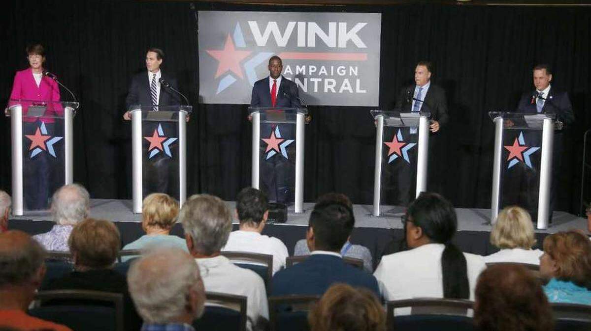 Democratic gubernatorial candidates during a debate held at Florida Gulf Coast University’s dimly lit Cohen Center on Wednesday night in Fort Myers. From left: former U.S. Rep. Gwen Graham, Orlando businessman Chris King, Tallahassee Mayor Andrew Gillum, Palm Beach billionaire developer Jeff Greene and former Miami Beach mayor Philip Levine.