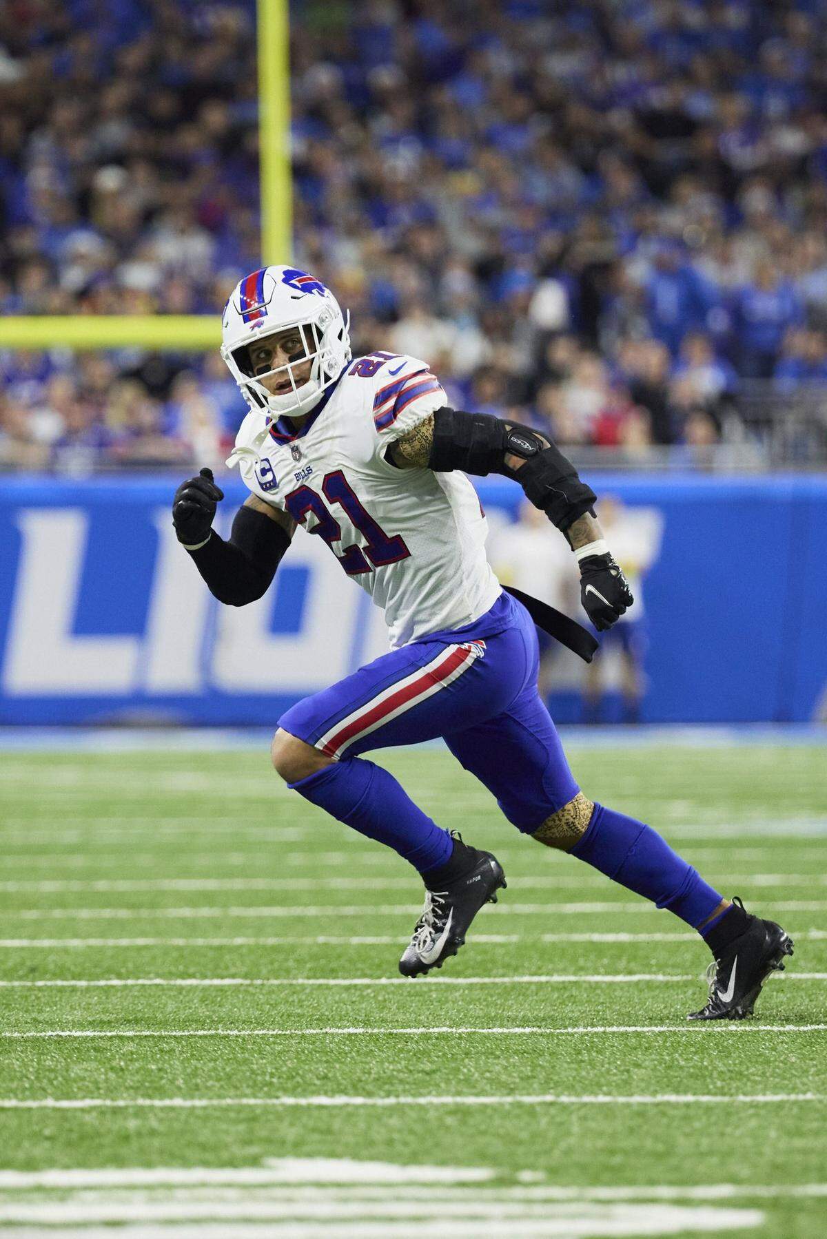 Buffalo Bills safety Jordan Poyer (21) pursues a play on defense against the Detroit Lions during an NFL football game, Thursday, Nov. 24, 2022, in Detroit. (AP Photo/Rick Osentoski)