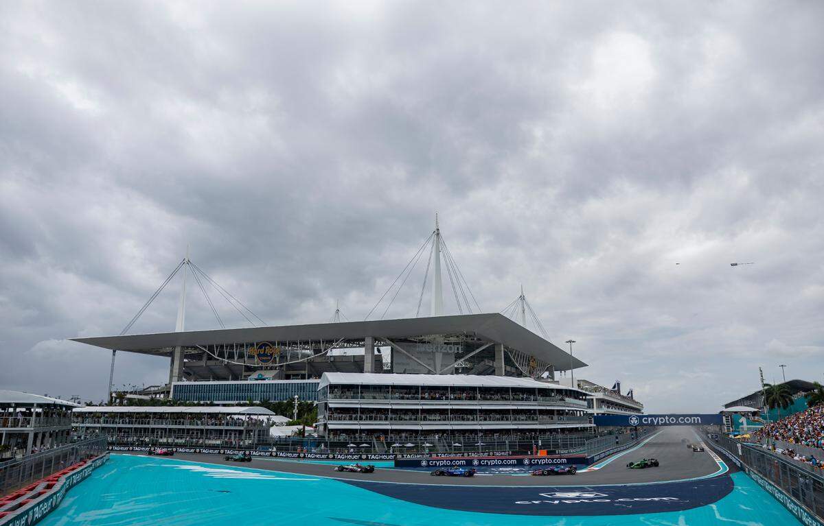 Drivers take turn one during a Sprint race on the second day of the Formula One Miami Grand Prix at the Miami International Autodrome on Saturday, May 3, 2025, in Miami Gardens, Fla.