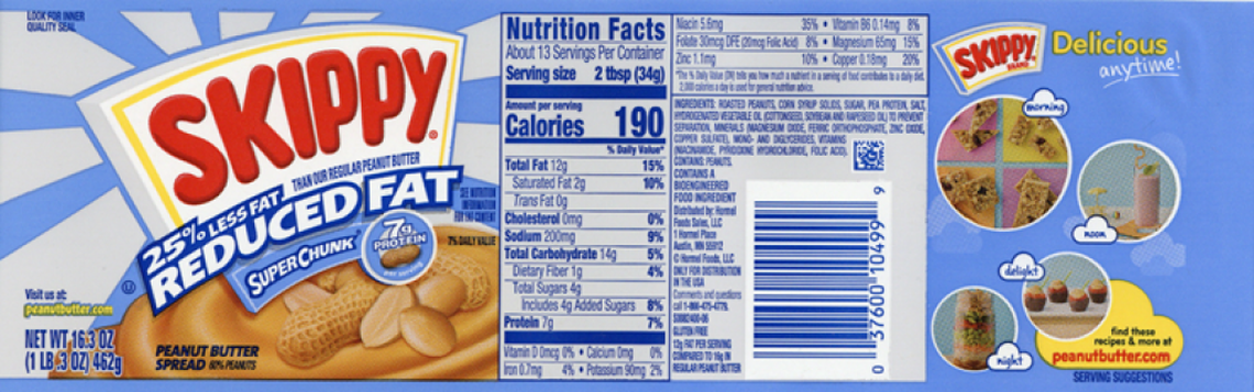 The label for Skippy Reduced Fat Super Chunk peanut butter