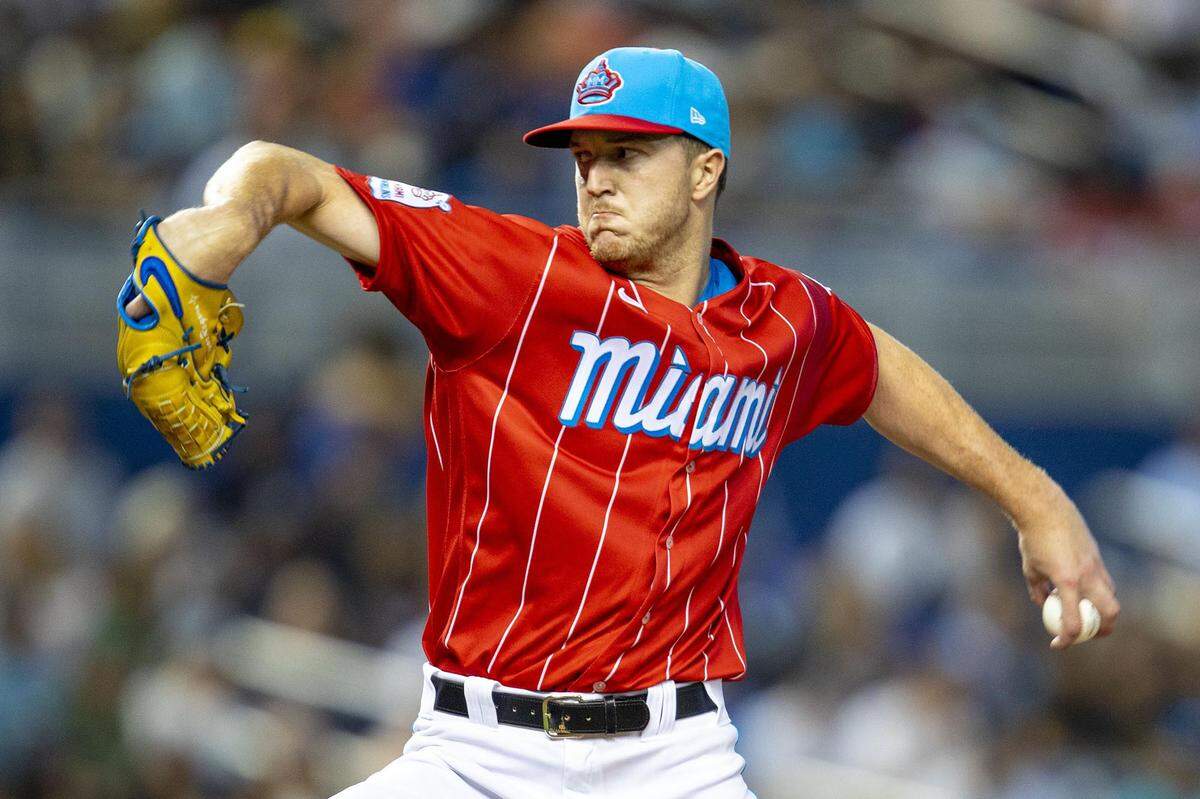 Miami Marlins pitcher Trevor Rogers pitches the ball (28) during the second inning of an MLB game against the New York Yankees at loanDepot park in the Little Havana neighborhood of Miami, Florida, on Saturday, July 31, 2021.