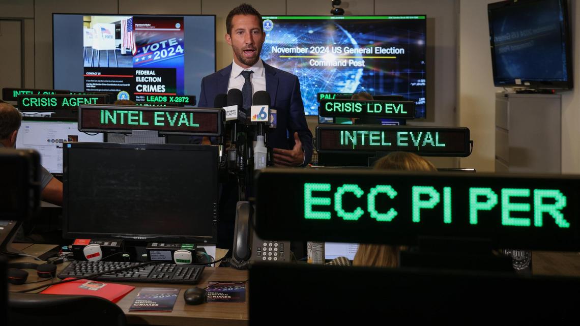 Ryan James, the FBI agent in charge of the FBI field office in South Florida, discusses how the Justice Department will monitor any voting irregularities in Miami-Dade and Broward counties on Election Day, at the FBI’s Election Crime Command post in Miramar, Florida, Monday, Nov. 4, 2024.