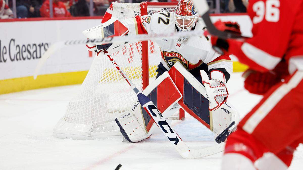 Mar 2, 2024; Detroit, Michigan, USA; Florida Panthers goaltender Sergei Bobrovsky (72) makes a save in the second period against the Detroit Red Wings at Little Caesars Arena. Mandatory Credit: Rick Osentoski-USA TODAY Sports
