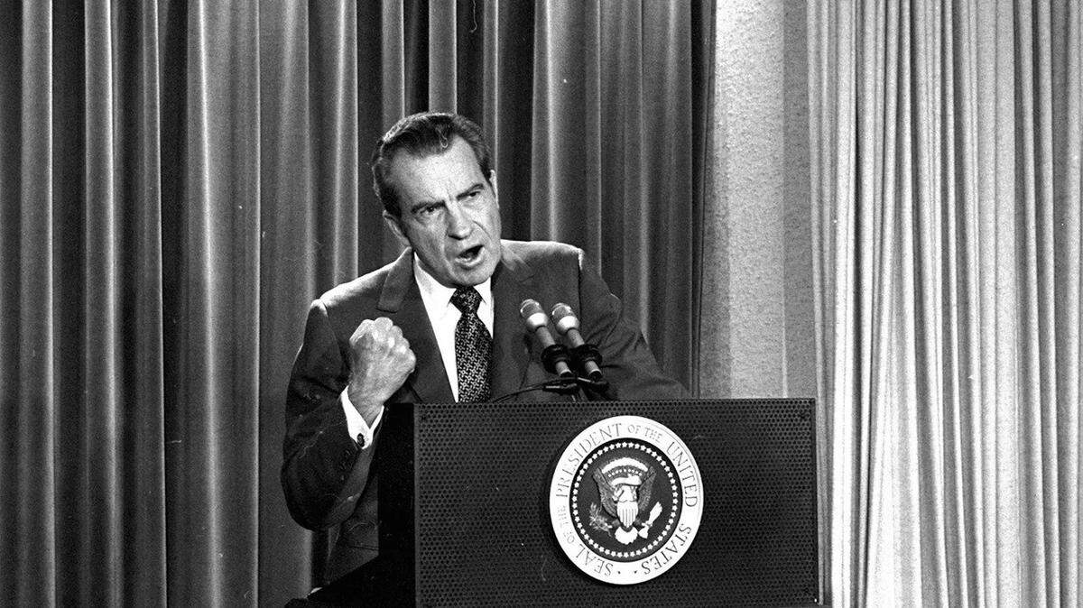 In March 1973, President Nixon tells press at the White House that he will not allow his legal counsel, John Dean, to testify in the Watergate investigation.