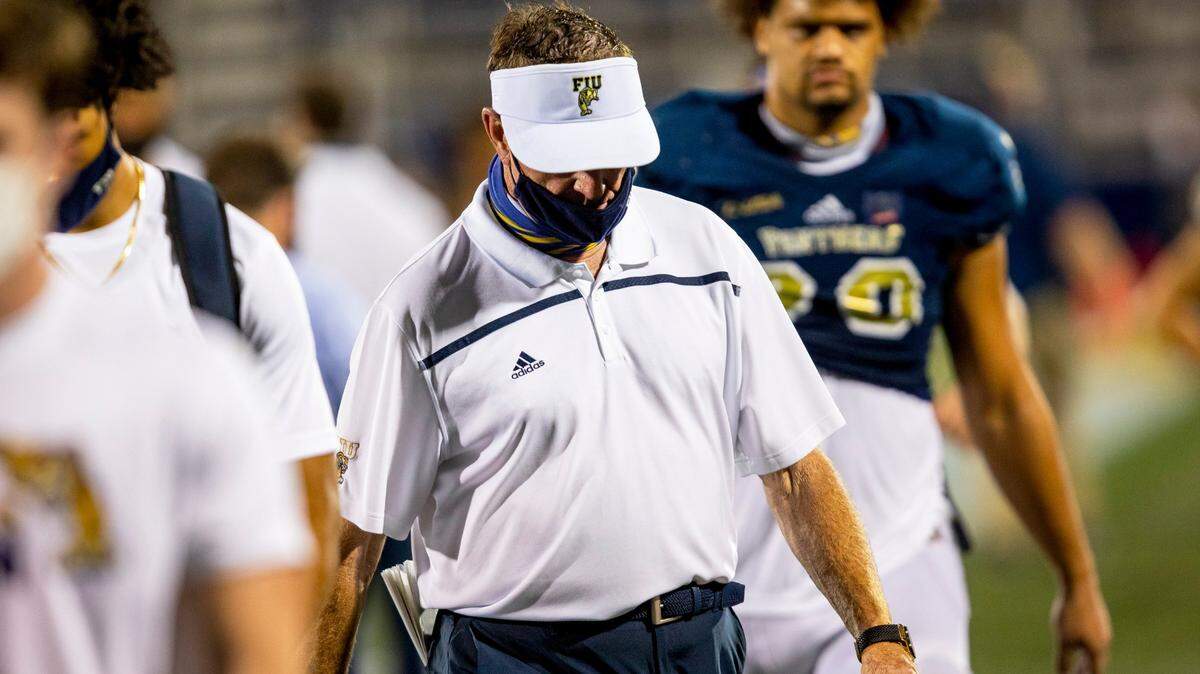 FIU coach Butch Davis walks off the field after losing against Middle Tennessee 31-28 at home on October 10, 2020. This is Davis’ 40th season of coaching -- and his most challenging.