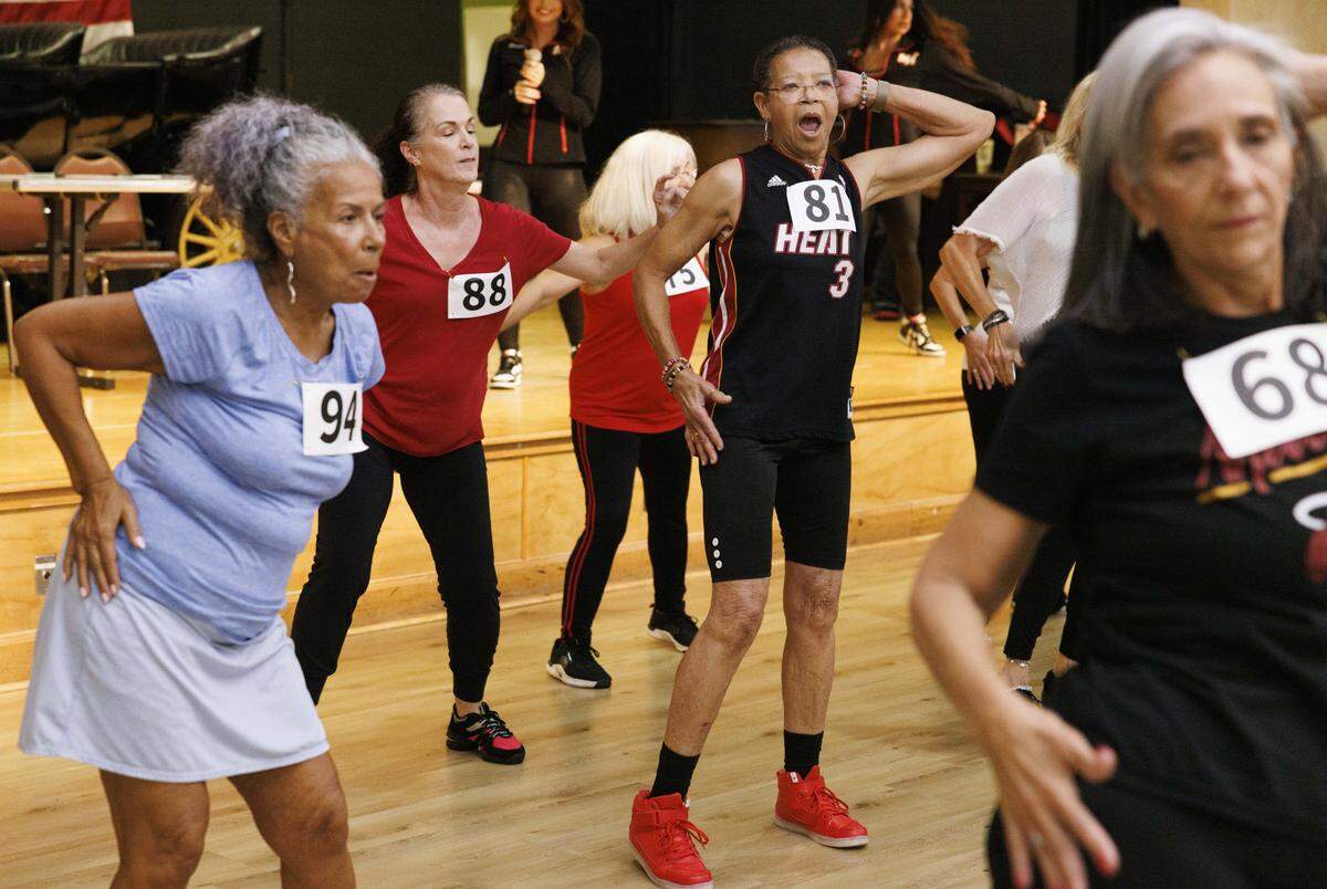 Deborah Bridges, center, strikes a pose dances during the Heat Golden Oldies auditions for the Miami HEAT senior dance team on Thursday, Sept. 25, 2025, at Southwest Focal Point Community Center in Pembroke Pines, Fla.
