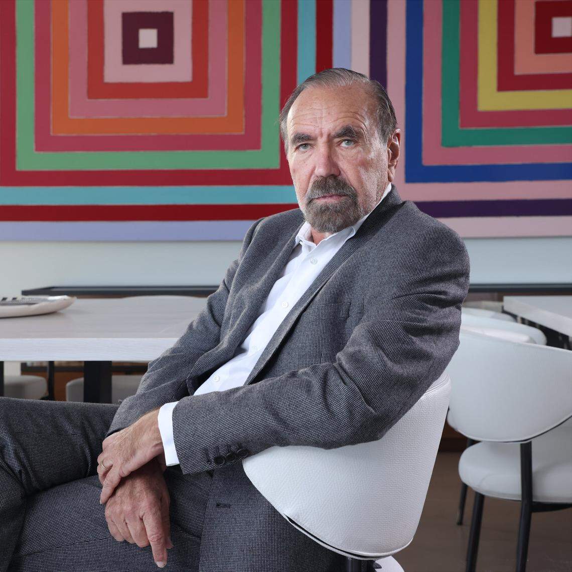 Art collector Jorge Perez is photographed among the artwork of Frank Stella on Wednesday, November 13, 2025, in Miami, Florida.