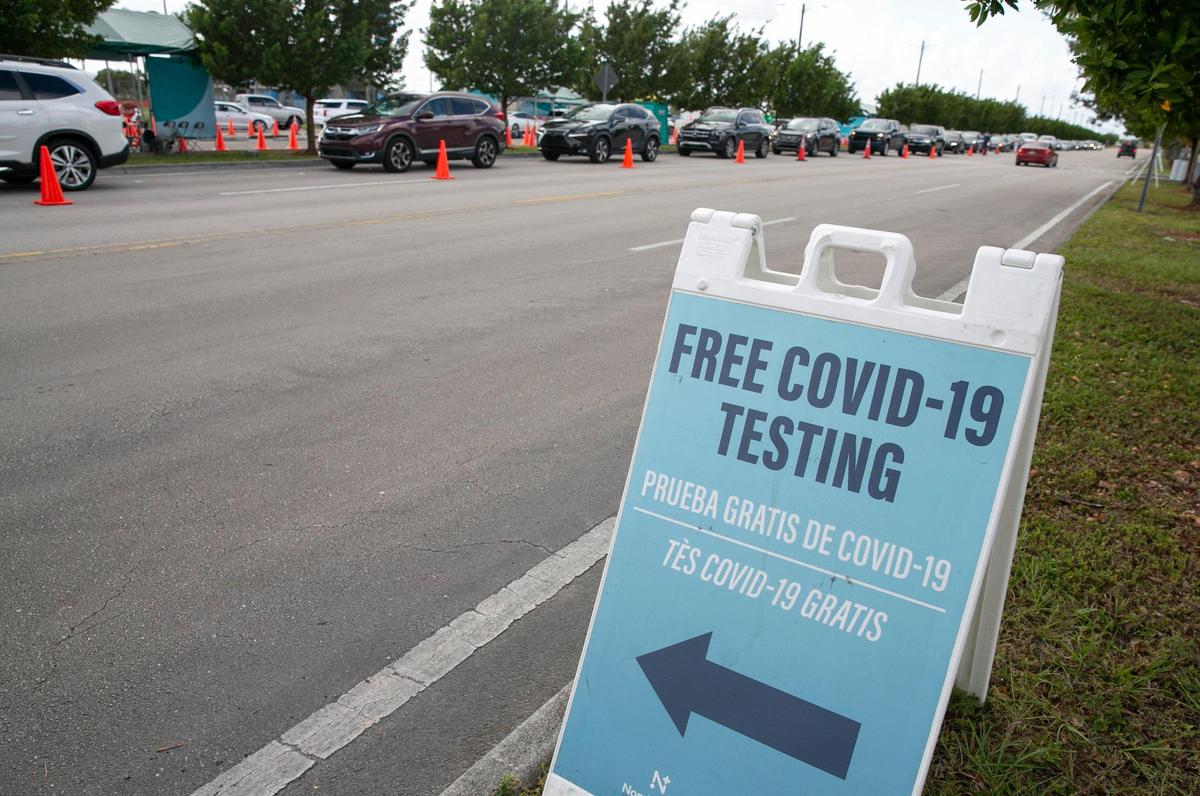 Cars line up for free COVID-19 testing at Miami-Dade College’s North campus Friday afternoon, Dec. 17, 2021.