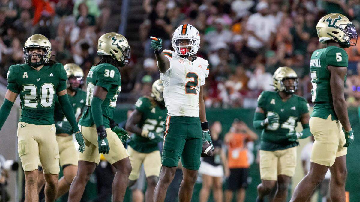 Miami Hurricanes wide receiver Isaiah Horton (2) reacts after a play against the South Florida Bulls in the second half of their NCAA college football game at the Raymond James Stadium on Saturday, Sept. 21, 2024, in Tampa, Fla.