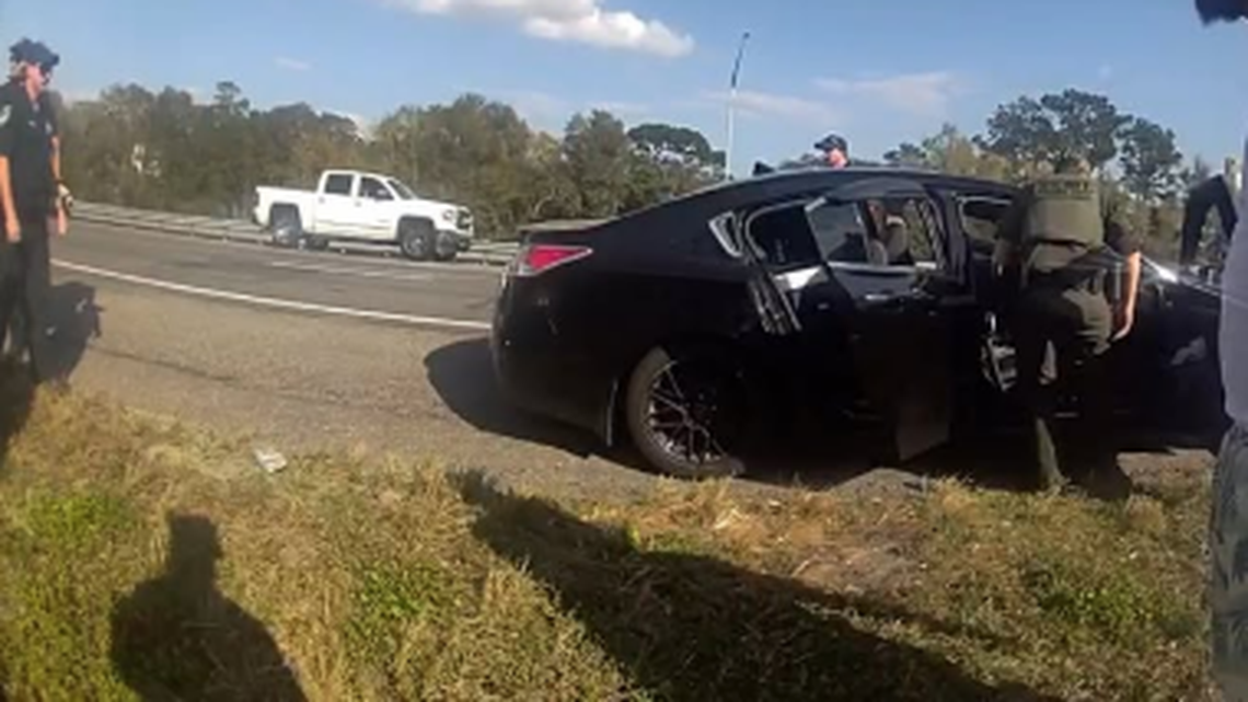 This photo of the arrest scene on Interstate 4 near Daytona Beach was shared by the Volusia County Sheriff’s Office on Facebook.