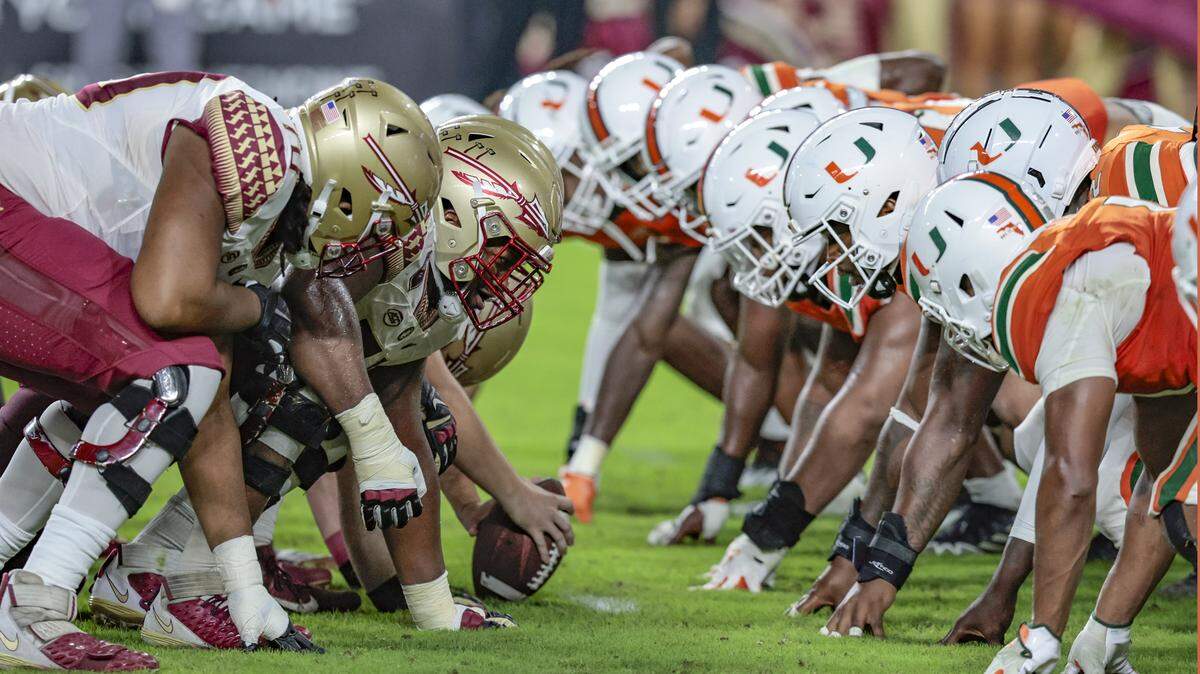 The Miami Hurricanes lineup against Florida State Seminoles at Hard Rock Stadium in Miami Gardens on Saturday, November 5, 2022.