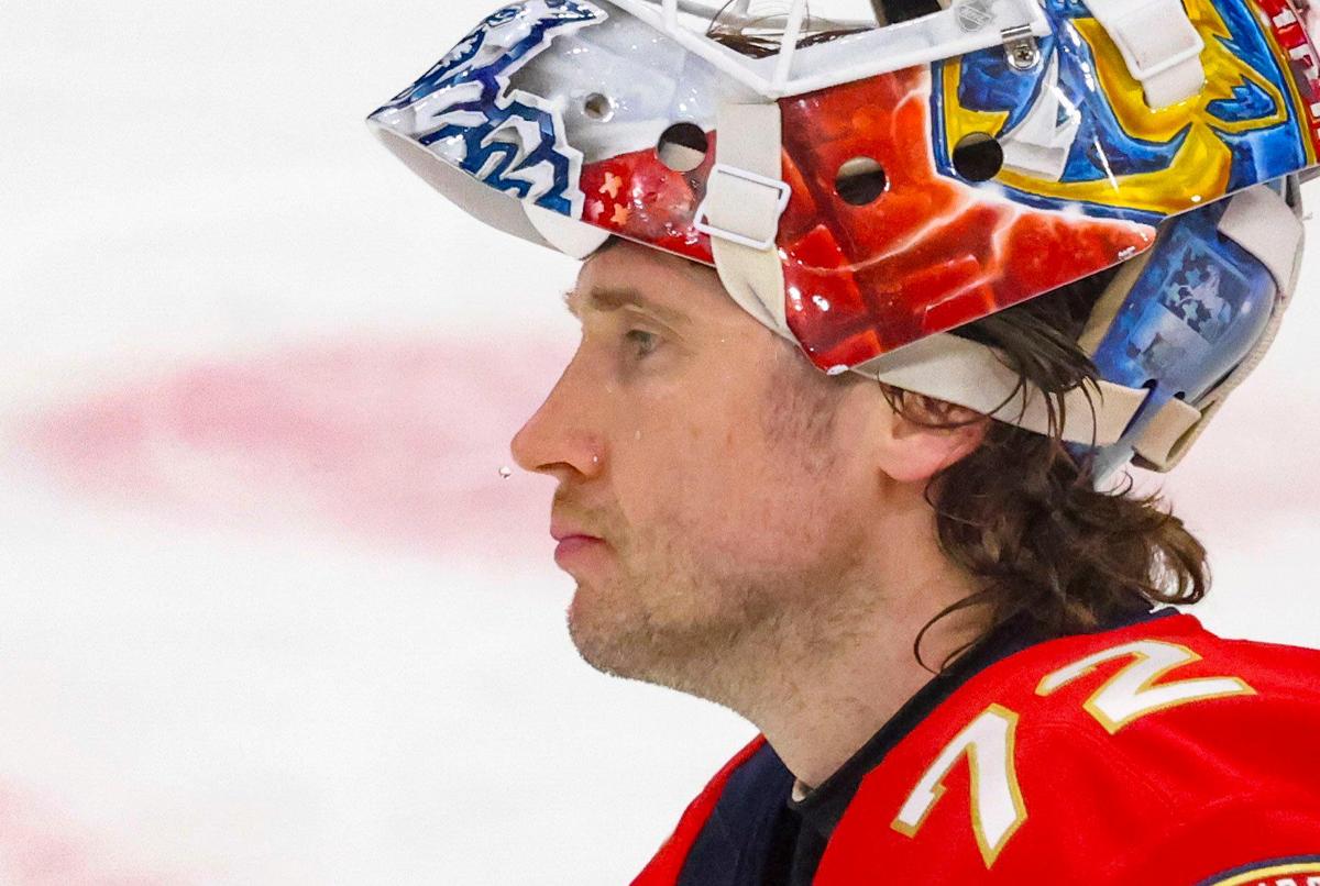 Water drips off of the nose of \Florida Panthers goaltender Sergei Bobrovsky (72) during the second period of a game Columbus Blue Jackets on Thursday, March 6, 2025, at Amerant Bank Arena in Sunrise, Fla.