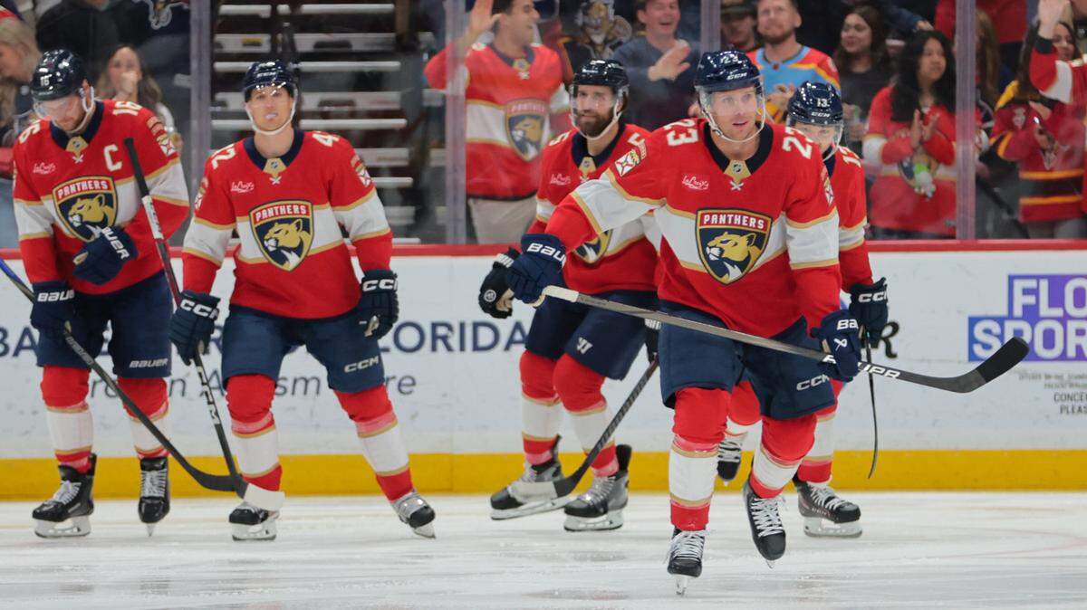 Feb 2, 2025; Sunrise, Florida, USA; Florida Panthers center Carter Verhaeghe (23) looks on after scoring against the New York Islanders during the first period at Amerant Bank Arena.
