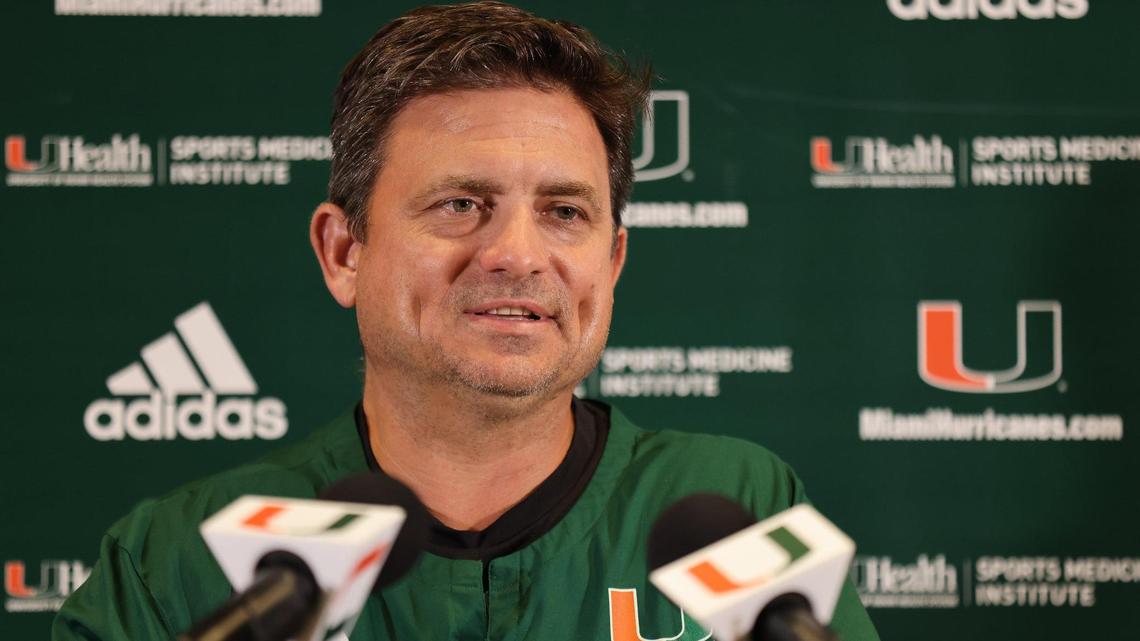 UM Hurricanes Football offensive coordinator Shannon Dawson takes questions during a press conference inside the Schwartz Center at the University of Miami in Coral Gables, Florida on Monday, August 28, 2023.