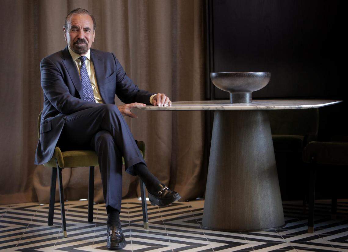 Jorge Pérez, the chairman and CEO of The Related Group, sits inside one of the community rooms at SLS Lux Brickell, his company's latest project, a 57-story luxury condo and hotel in Miami.