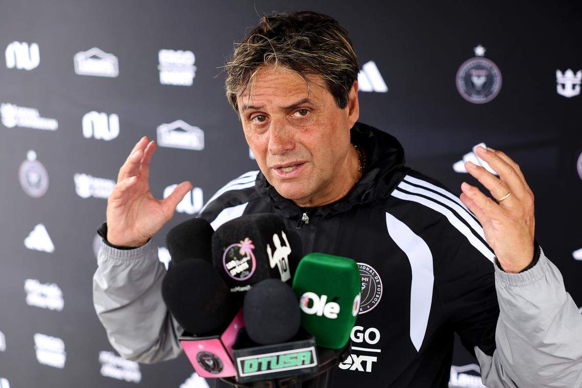 FORT LAUDERDALE, FLORIDA - APRIL 15: Head Coach Guillermo Hoyos of Inter Miami CF talks to the media prior to a training session at Florida Blue Training Center on April 15, 2026 in Fort Lauderdale, Florida. (Photo by Leonardo Fernandez/Getty Images)