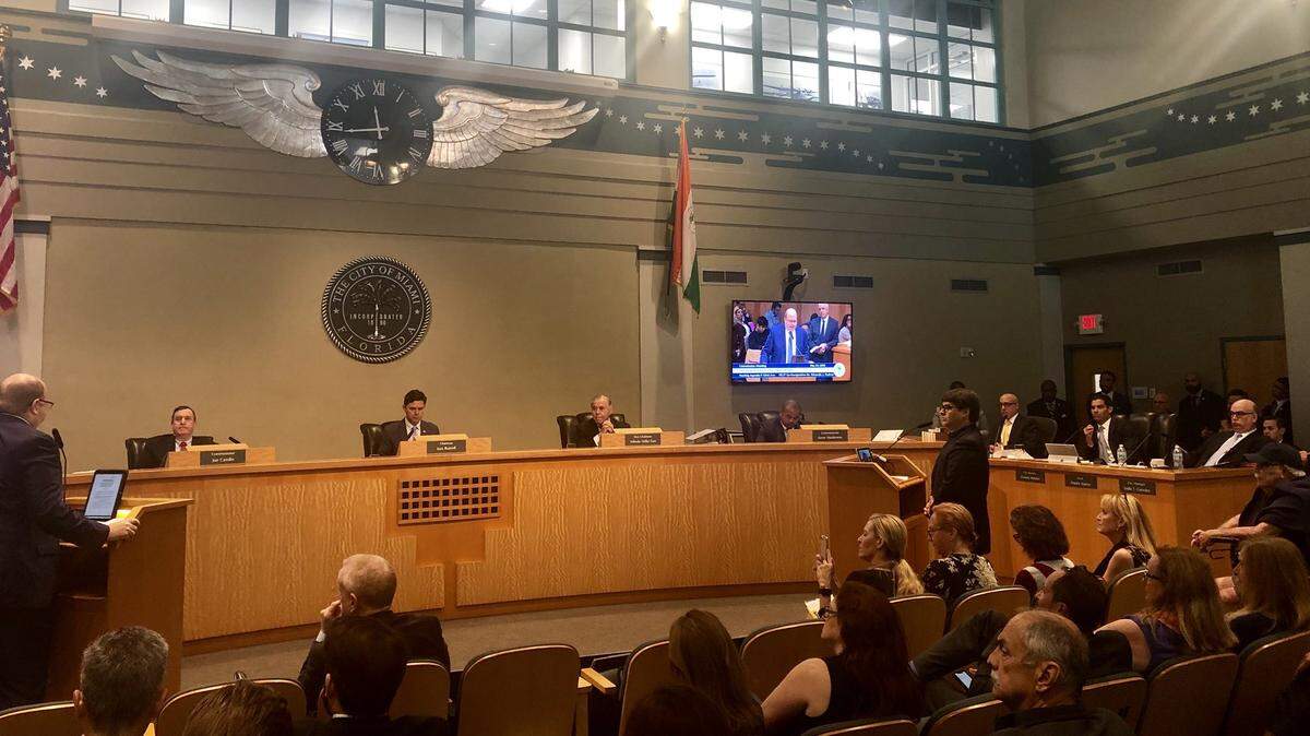 Miami Mayor Francis Suarez sits at the dais during a city commission meeting in 2019.