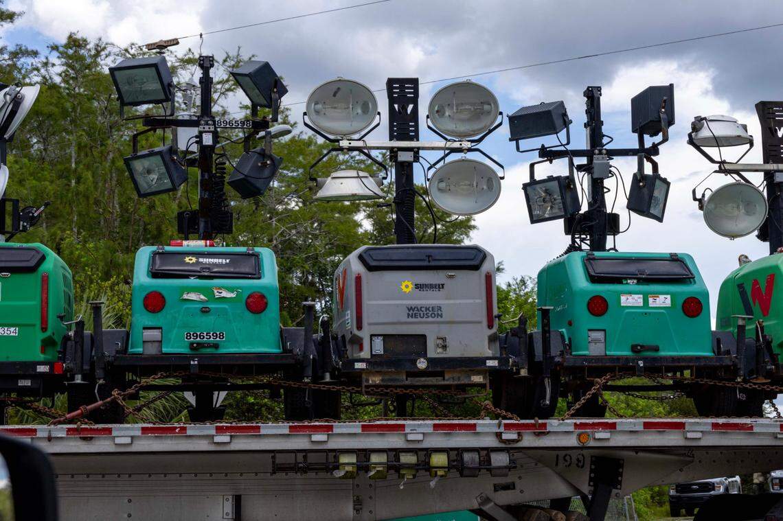 A truck transports lighting into Dade Collier Training and Transition Airport off Tamiami Trail on Monday, June 24, 2025, in Ochopee, Fla.