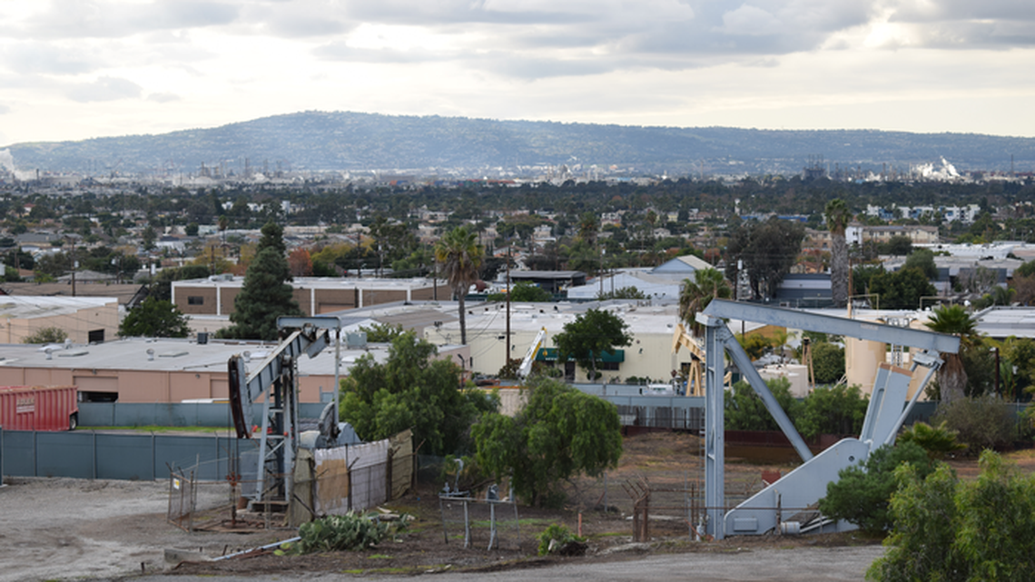 Oil wells operating in Signal Hill, a city in Los Angeles County, California. Researchers from Stanford University found that drilling and operating wells emits harmful levels of pollution that may affect the health of nearby residents.