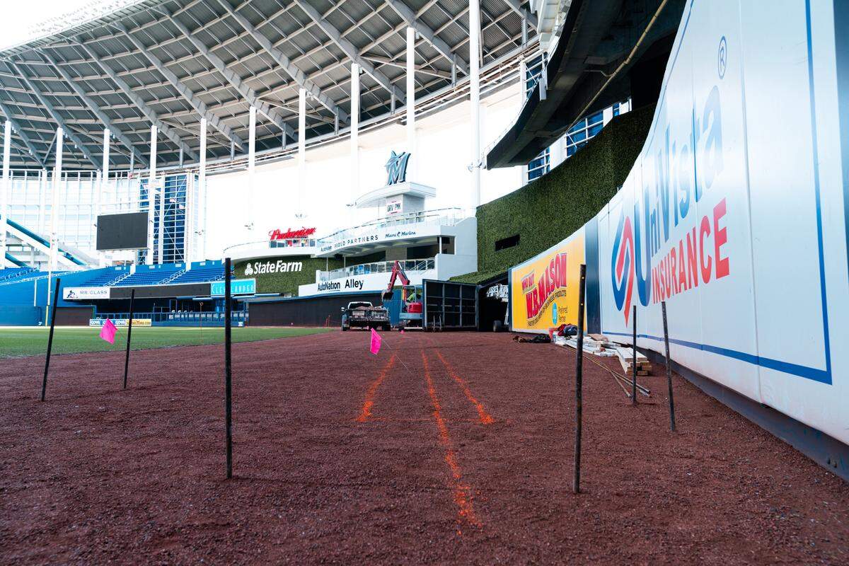A look at how far some of the outfield walls at Marlins Park will move starting with the 2020 season.